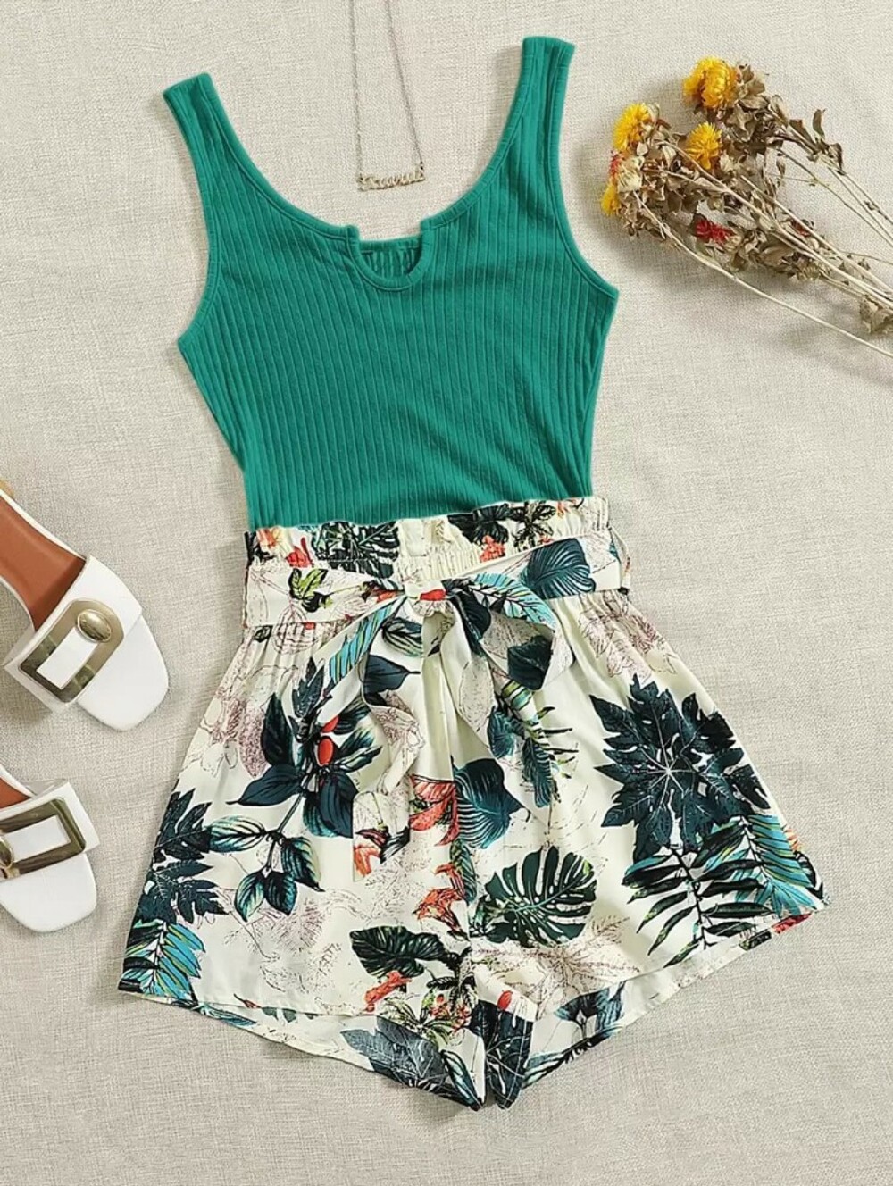 SHEIN Teal Ribbed Tank Romper with Cream Tropical Print Shorts